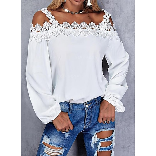 

Women's Blouse Casual Daily Work Blouse Shirt Long Sleeve Lace Off Shoulder Basic Vintage White S
