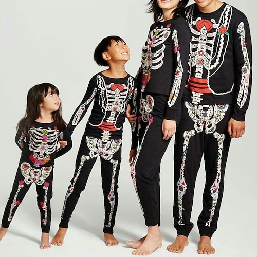 

Family Look Halloween Pajamas Skull Indoor Print Black Long Sleeve Daily Matching Outfits