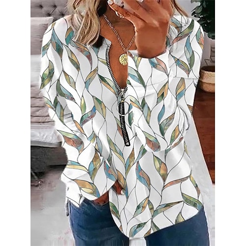 

Women's Plus Size Tops Pullover Sweatshirt Leaf Zipper Print Long Sleeve Round Neck Basic Daily Vacation Cotton Fall Winter White