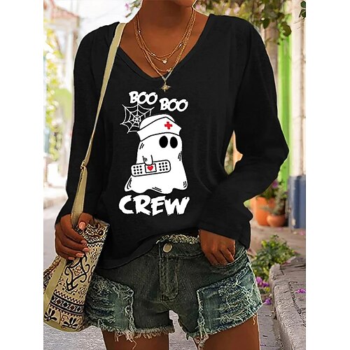 

Women's T shirt Tee Graphic Text Casual Weekend Painting T shirt Tee Long Sleeve Print V Neck Basic Halloween Green White Black S