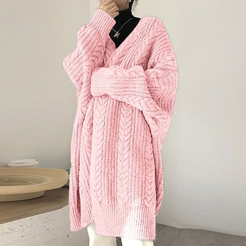 

Women's Cardigan Sweater Jumper Ribbed Cable Knit Knitted Braided Pure Color Open Front Stylish Casual Daily Holiday Fall Winter Green Pink S M L / Long Sleeve