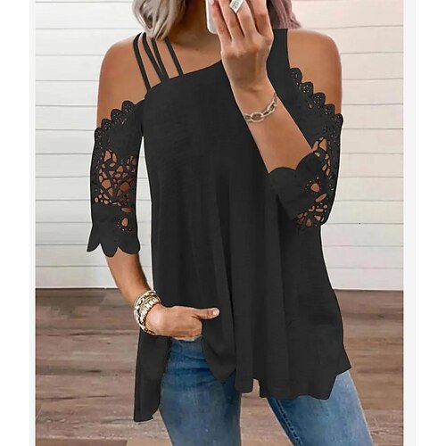 

Women's Shirt Plain Holiday Weekend Shirt Short Sleeve Cut Out Lace Patchwork One Shoulder Casual Streetwear Black S