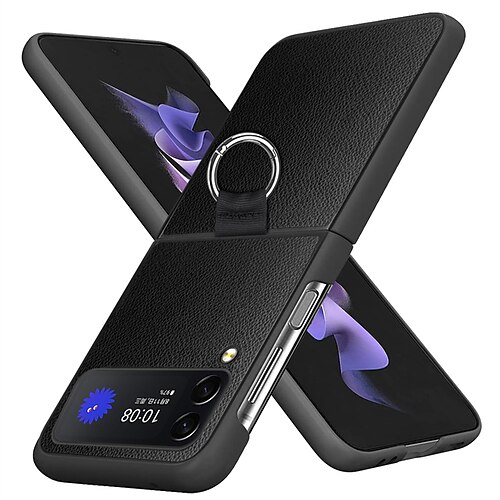 

Phone Case For Samsung Galaxy Flip Z Flip 4 Portable Flip Case with Ring Solid Colored PC PU Leather