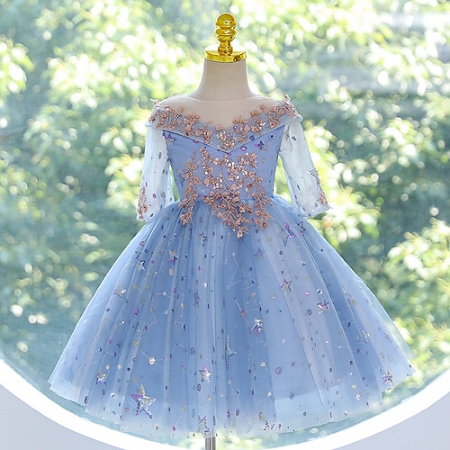 

Kids Girls' Dress Sequin A Line Dress Asymmetrical Dress Party Sequins Cotton Short Sleeve Princess Dress 3-12 Years Winter Blue