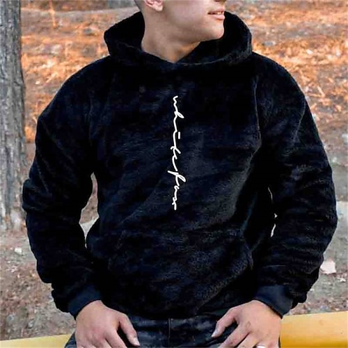 

Men's Hoodie Fuzzy Sherpa Black Hooded Letter Pocket Sports & Outdoor Streetwear Cool Casual Big and Tall Winter Fall Clothing Apparel Hoodies Sweatshirts Long Sleeve / Spring