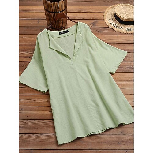 

Women's Plus Size Tops Blouse Shirt Plain Half Sleeve V Neck Vintage Streetwear Daily Going out Cotton Spring Summer Black Light Green
