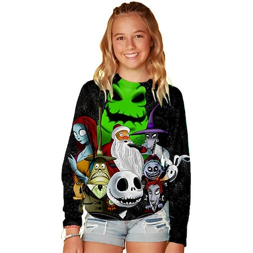 

The Nightmare Before Christmas Kids Girls' Ugly T shirt Skull Outdoor 3D Print Long Sleeve Active 3-12 Years Winter Green Black Blue