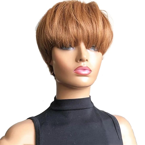 

Machine Made Honey Blonde Color Short Bob Pixie Cut Wig With Bangs Straight Remy Brazilian Human Hair Wigs For Black Women