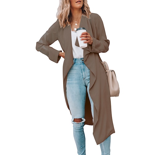 

Women's Casual Jacket Windproof Warm Outdoor Street Vacation Going out Smocked Open Front Turndown Street Style Solid Color Regular Fit Outerwear Long Sleeve Winter Fall Black Khaki Beige S M L XL