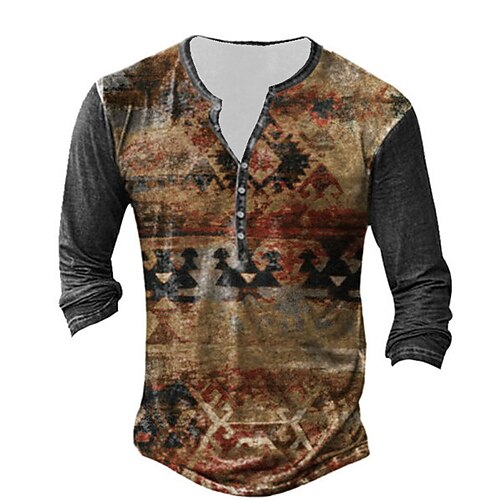 

Men's T shirt Tee Henley Shirt Tee Graphic Color Block Henley Brown 3D Print Plus Size Outdoor Daily Long Sleeve Button-Down Print Clothing Apparel Basic Designer Classic Comfortable / Sports