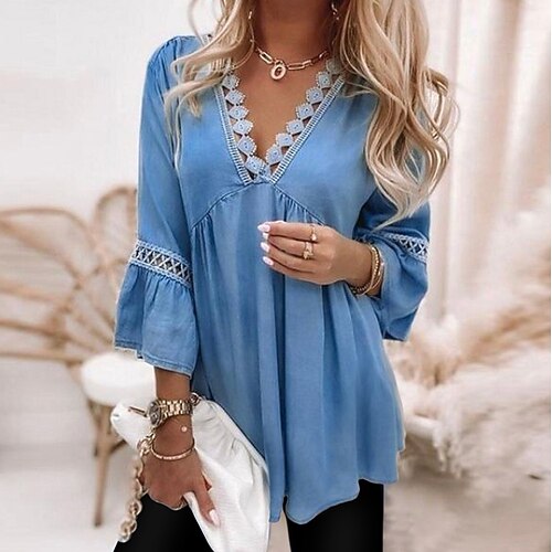 

Women's Blouse Plain Daily Weekend Blouse Shirt 3/4 Length Sleeve Lace Trims Flowing tunic V Neck Casual Streetwear Blue S