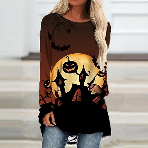 

Women's T shirt Tee Brown Pumpkin Patchwork Print Long Sleeve Halloween Casual Halloween Round Neck Regular Geometric S