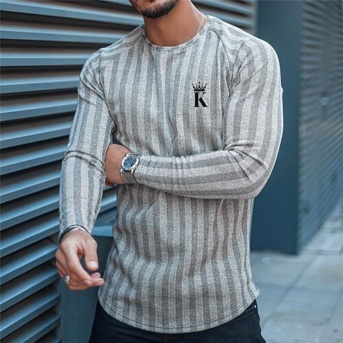 

Men's Unisex T shirt Tee Striped Graphic Prints Crew Neck Gray Long Sleeve 3D Print Outdoor Street Print Tops Sports Casual Classic Big and Tall / Spring / Fall