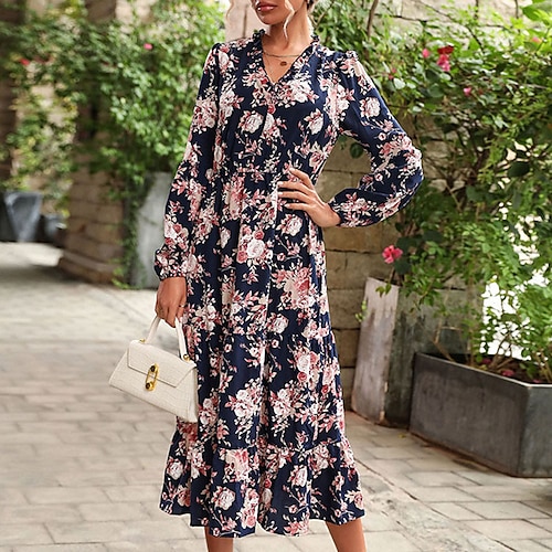 

Vestido midi con vuelo para mujer, azul, manga larga, estampado floral con volantes, otoño invierno, escote en v, moda romántica 2022 xl