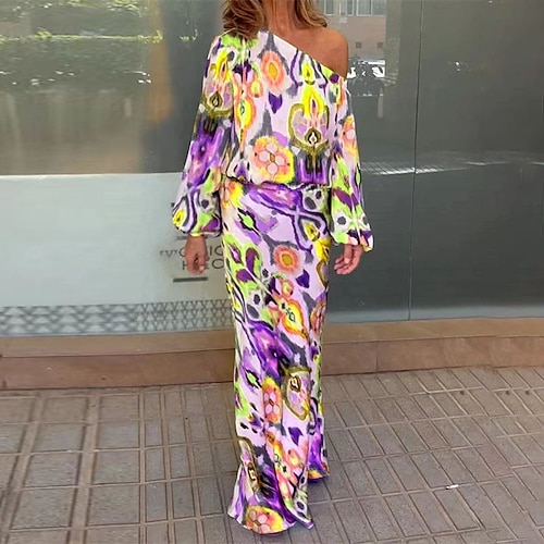 

Women's Two Piece Dress Sheath Dress Green Purple Gray Long Sleeve Floral Cold Shoulder Winter Fall One Shoulder Mature Winter Dress Fall Dress Loose Fit 2022 S M L XL XXL