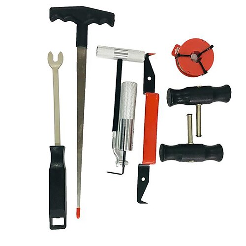 

7pc Windshield Removal Tools Kit Automotive Wind Glass Remover Repair Tool Set Rubber Gasket Knife, Cutting Wire, Handles, Wire Feeder, Trim Pad Remover and Molding Release Tool