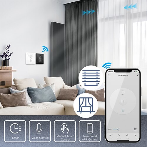 

WiFi Smart 2.5D Arc Glass Touch Panel Curtain Switch for Roller Blinds Shutters with Backlight Switch Quick Accurate Calibration Smart Life/Tuya APP Wireless Remote Control Voice Control by Alex