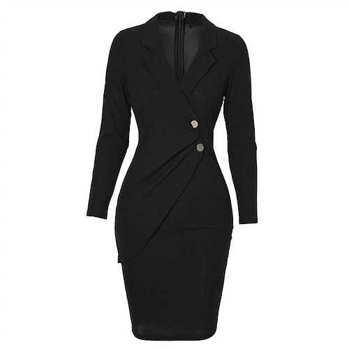 

Mulheres Tubinho Vestido da bainha Preto Vinho Manga Longa Cor imaculada Botão Inverno Outono Colarinho de Camisa Roupa de inverno Vestido de outono 2022 S M L XL 2XL