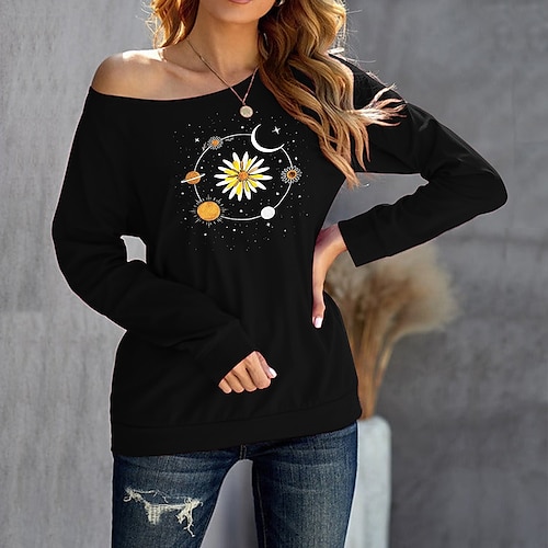 

Women's Sweatshirt Pullover Active Streetwear Cold Shoulder Print Green Black Gray Floral Galaxy Daily One Shoulder Long Sleeve S M L XL XXL