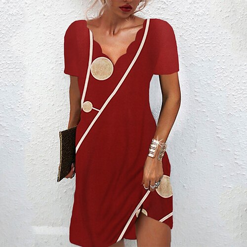 

Women's Casual Dress Shift Dress Midi Dress Red Navy Blue Short Sleeve Geometric Print Spring Summer V Neck 2022 S M L XL XXL 3XL