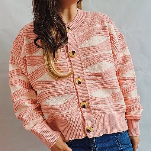 

Women's Cardigan Sweater Jumper Ribbed Knit Button Knitted Striped Crew Neck Stylish Casual Outdoor Daily Winter Fall Green Pink S M L / Long Sleeve / Holiday / Regular Fit / Going out