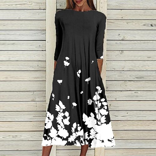 

Women's Casual Dress Shift Dress Midi Dress Black 3/4 Length Sleeve Floral Ruched Winter Fall Autumn 2022 S M L XL XXL 3XL