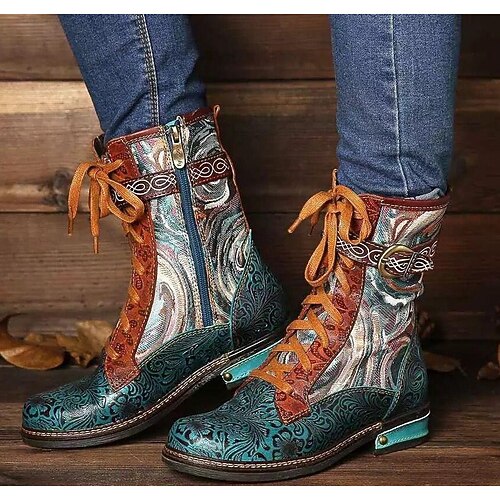 

Women's Boots Party Outdoor Home Martin Boots Plus Size Booties Ankle Boots Winter Satin Flower Embroidery Low Heel Round Toe Chinoiserie PU Leather Embroidered Green