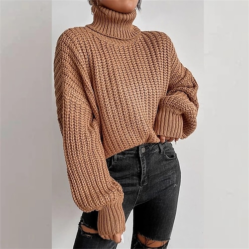 

Women's Pullover Sweater jumper Jumper Ribbed Knit Knitted Pure Color Turtleneck Stylish Casual Outdoor Daily Winter Fall Pink Khaki S M L / Long Sleeve / Holiday / Going out / Loose Fit