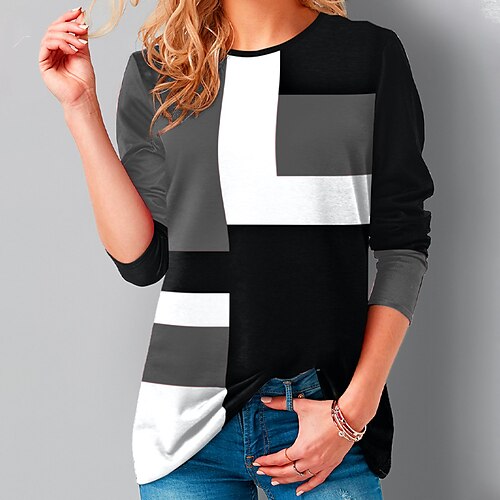 

Women's T shirt Tee Green Blue Wine Geometric Print Long Sleeve Casual Weekend Basic Round Neck Regular Geometric Painting S / 3D Print