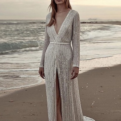

Women's Party Dress Sequin Dress Sheath Dress Long Dress Maxi Dress Silver Long Sleeve Pure Color Sequins Winter Fall Deep V Modern Party Winter Dress Fall Dress 2022 S M L XL XXL