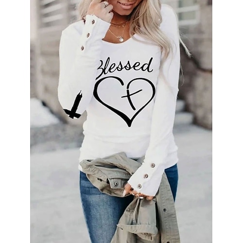 

Women's T shirt Tee Heart Text Casual Weekend Painting T shirt Tee Long Sleeve Button Print Round Neck Basic White S / 3D Print