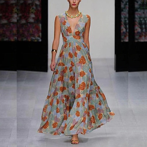 

Women's Swing Dress Maxi long Dress Purple Orange Red Sleeveless Floral Print Fall Summer V Neck Stylish Casual Boho 2022 S M L XL XXL 3XL