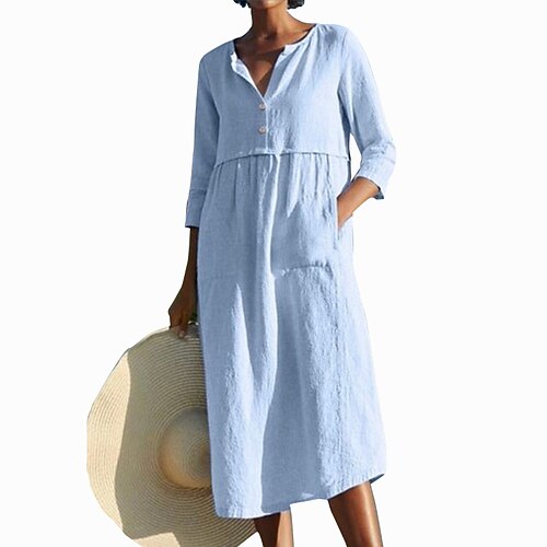 

Women's Pajamas Nightgown Nighty Pjs Pure Color Comfort Home Daily Cotton And Linen V Wire Button Pocket Fall Spring Pink Wine