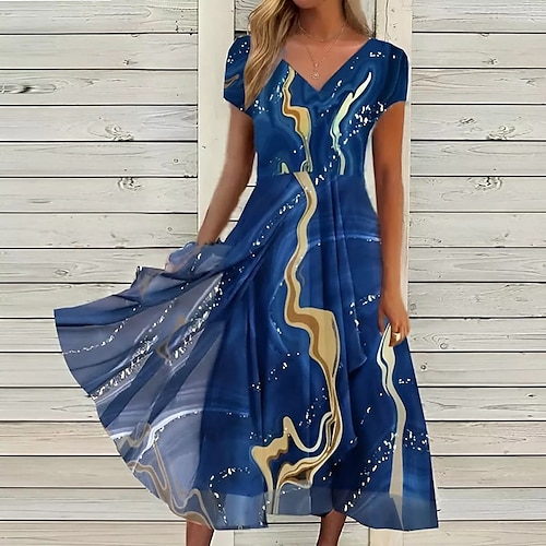 

Women's Casual Dress Swing Dress Midi Dress Blue Short Sleeve Tie Dye Sequins Spring Summer V Neck Modern 2022 S M L XL XXL 3XL 4XL 5XL