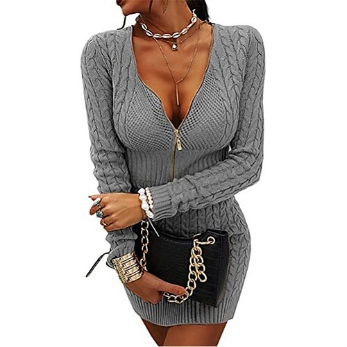 

Suéter feminino vestido de inverno vestido casual verde roxo rosa cinza branco preto manga longa cor pura zíper de malha inverno outono decote em v elegante casual moderno s m l xl xxl 3xl algodão