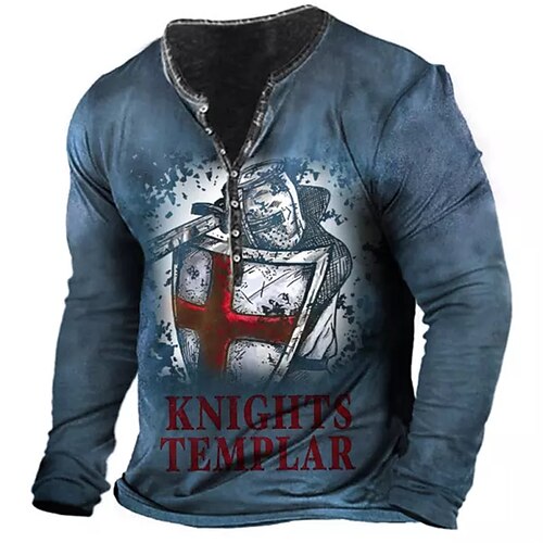 

Men's T shirt Tee Henley Shirt Tee Graphic Henley Blue Long Sleeve 3D Print Plus Size Outdoor Daily Button-Down Print Tops Basic Designer Classic Comfortable / Sports