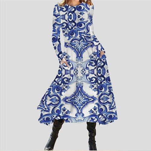 

Women's Casual Dress A Line Dress Midi Dress Blue Long Sleeve Floral Pocket Print Fall Winter Round Neck Casual Vacation 2022 S M L XL XXL 3XL