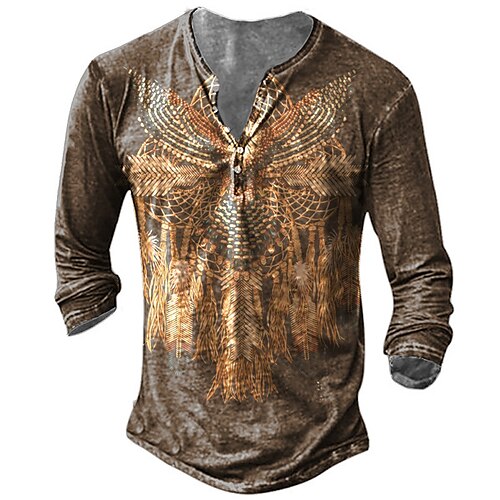 

Men's T shirt Tee Henley Shirt Tee Graphic Henley Brown 3D Print Indian Plus Size Outdoor Daily Long Sleeve Button-Down Print Clothing Apparel Basic Designer Classic Comfortable / Sports