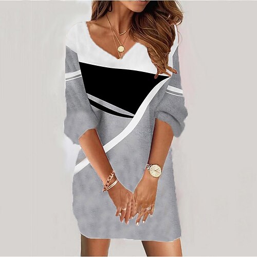 

Women's Bodycon Sheath Dress Short Mini Dress Gray 3/4 Length Sleeve Geometric Print Fall Winter V Neck Casual Vacation 2022 S M L XL XXL 3XL / Casual Dress