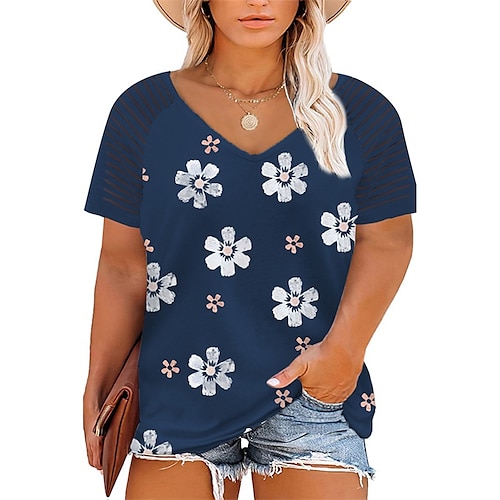 

Women's Plus Size Tops T shirt Tee Floral Patchwork Print Short Sleeve V Neck Streetwear Daily Going out Cotton Spring Summer Blue