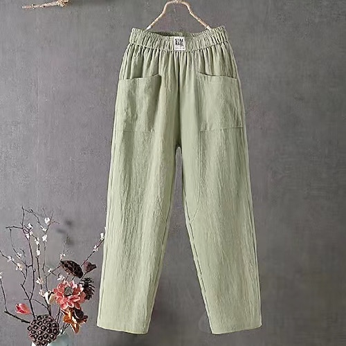 

Women's Chinos Pants Trousers Cotton Linen / Cotton Blend Green Red Apricot Mid Waist Fashion Casual Work Weekend Side Pockets Micro-elastic Ankle-Length Comfort Solid Color S M L XL XXL