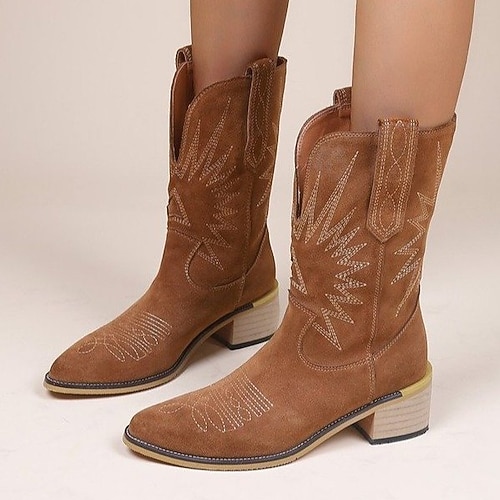 

Women's Boots Daily Plus Size Mid Calf Boots Winter Low Heel Pointed Toe Casual PU Leather Loafer Solid Colored Black Khaki