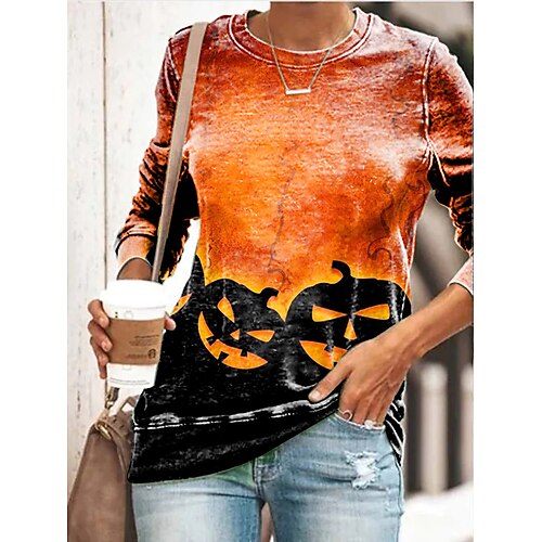 

Women's T shirt Tee Pumpkin Halloween Weekend Painting T shirt Tee Long Sleeve Print Round Neck Basic Orange S / 3D Print