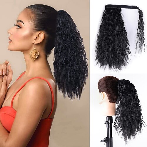 

Corn Wave Ponytail Extension Claw Clip 16 Curly ponytail Extension Wrap Around Soft Fluffy Synthetic Corn Curly Ponytail Hairpieces for Women (Natural Black)