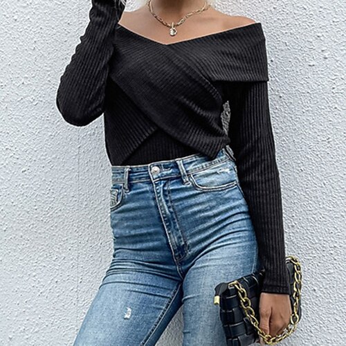 

Women's Pullover Sweater Jumper Crochet Knit Knitted Cold Shoulder Pure Color V Neck Stylish Casual Daily Holiday Fall Winter Black S M L / Long Sleeve
