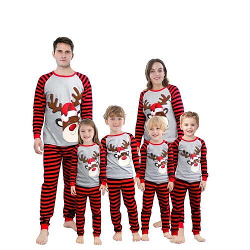 

Christmas Pajamas Ugly Family Set Cotton Striped Deer Print Green Red Long Sleeve Mom Dad and Me Daily Matching Outfits