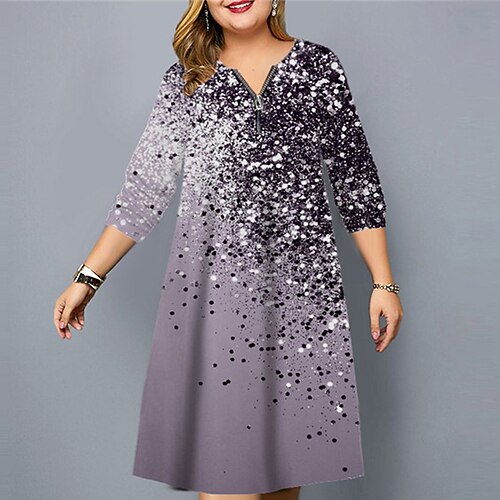 

Women's Plus Size Work Dress Color Gradient V Neck Print 3/4 Length Sleeve Fall Spring Stylish Work Elegant Knee Length Dress Vacation Going out Dress / 3D Print