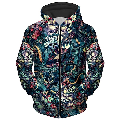 

Herren Unisex Kapuzenshirt mit durchgehendem Reißverschluss Jacke Blau Mit Kapuze Totenkopf Motiv Grafik-Drucke Zip Bedruckt Sport Natur Täglich Sport 3D-Druck Basic Strassenmode Casual Frühling