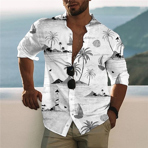 

Men's Shirt Coconut Tree Stand Collar White Long Sleeve 3D Print Outdoor Casual Button-Down Print Tops Fashion Designer Casual Comfortable / Sports