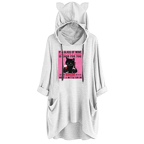 

Women's Hoodie Dress Shift Dress Short Mini Dress White Long Sleeve Cat Letter Animal Pocket Print Fall Winter Hooded Casual Loose 2022 S M L XL XXL 3XL